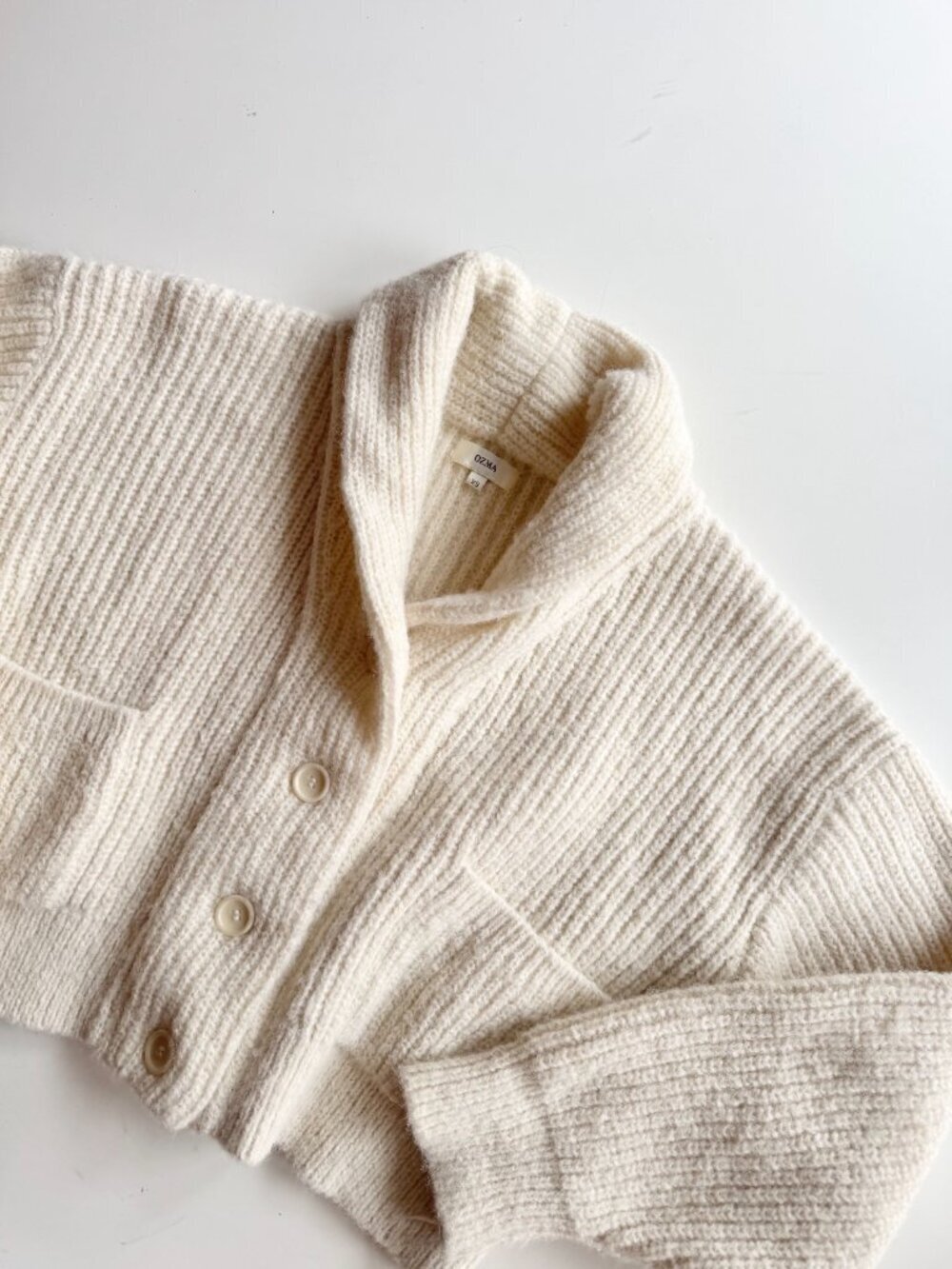 OZMA Sloan Brush Ivory Alpaca Blend Knit Cropped Shawl Cardigan Sweater, Size XS - Picture 7 of 13